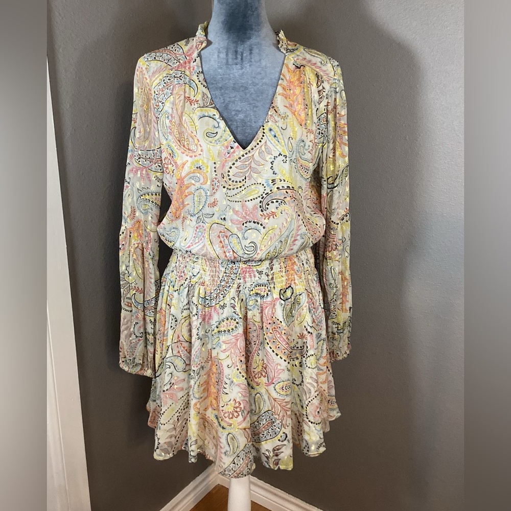 Paisley V-Neck Long Sleeve Dress in Pastel Multi
